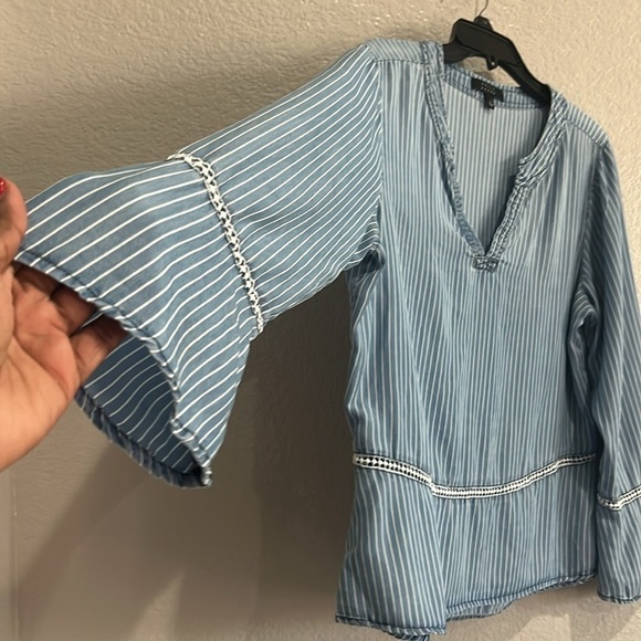 Kelly Renee Blouse Women Large Blue Striped Long Sleeve Bell Sleeve V Neck Boho - Picture 4 of 9